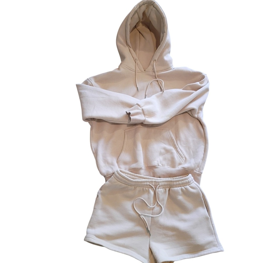 Anrabess Womens 2 Piece Lounge Set Hoodie and Shorts Apricot Cream Small